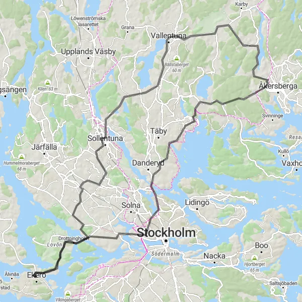 Map miniature of "Ekerö Drottningholm Loop" cycling inspiration in Stockholm, Sweden. Generated by Tarmacs.app cycling route planner