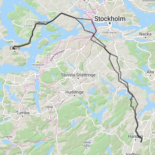 Kartminiatyr av "Historiska platser och vackra vyer på 82 km" cykelinspiration i Stockholm, Sweden. Genererad av Tarmacs.app cykelruttplanerare