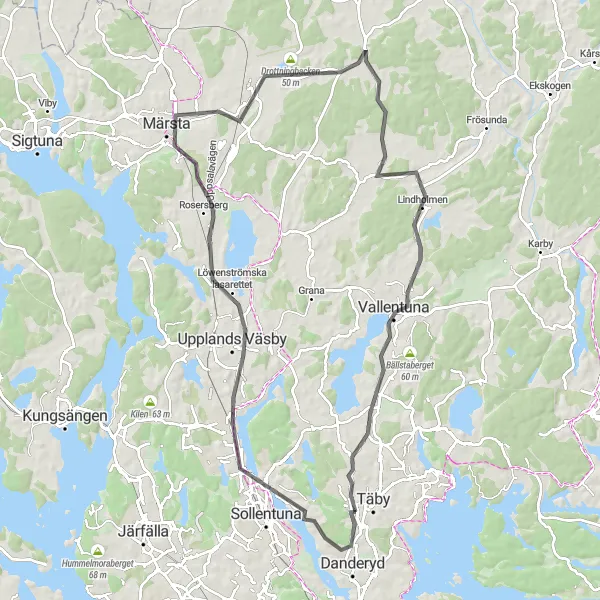 Map miniature of "Enebyberg - Danderyd - Edsvik - Märsta - Arlanda Airport utsiktsplats – Albano - Vallentuna" cycling inspiration in Stockholm, Sweden. Generated by Tarmacs.app cycling route planner