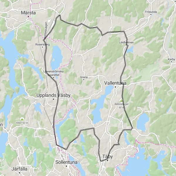 Map miniature of "Enebyberg - Väsjöbacken - Upplands Väsby - Sollentuna - Löwenströmska lasarettet - Rosersberg - Lindholmen - Bällstaberget - Gribbylund" cycling inspiration in Stockholm, Sweden. Generated by Tarmacs.app cycling route planner