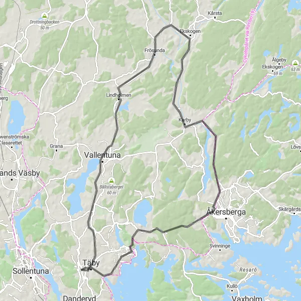 Kartminiatyr av "Vallentuna - Roslags-Näsby Loop" cykelinspiration i Stockholm, Sweden. Genererad av Tarmacs.app cykelruttplanerare