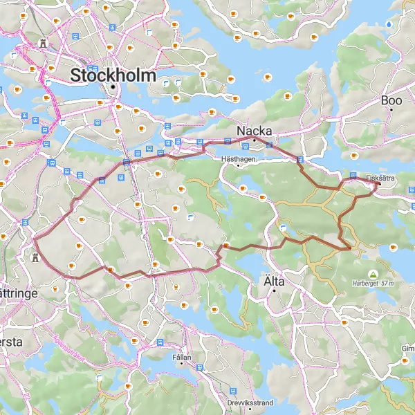 Map miniature of "Gravel & Nature Exploration" cycling inspiration in Stockholm, Sweden. Generated by Tarmacs.app cycling route planner