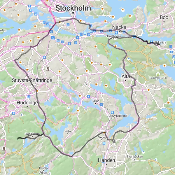 Kartminiatyr av "Historisk cykelrunda genom Gladö kvarn och Nybodaberget" cykelinspiration i Stockholm, Sweden. Genererad av Tarmacs.app cykelruttplanerare