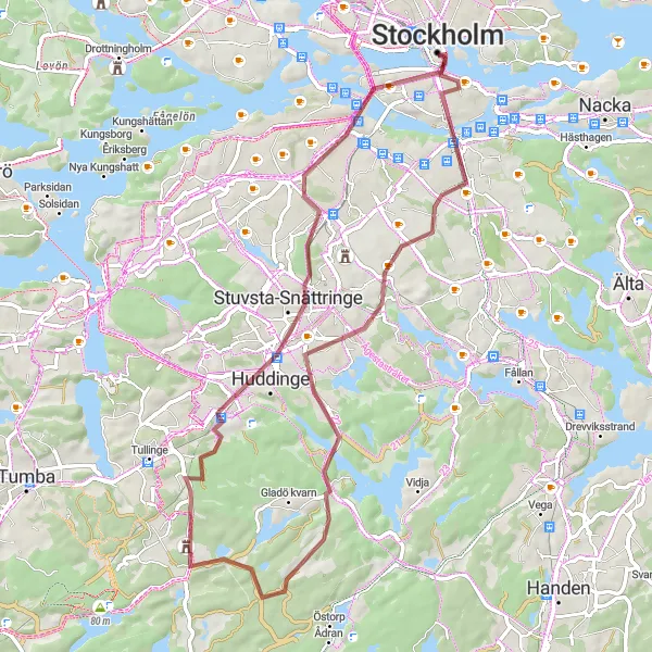 Kartminiatyr av "Grusväg till Flemingsberg ochbaka" cykelinspiration i Stockholm, Sweden. Genererad av Tarmacs.app cykelruttplanerare