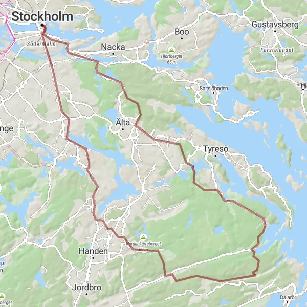 Map miniature of "Gravel Escape" cycling inspiration in Stockholm, Sweden. Generated by Tarmacs.app cycling route planner