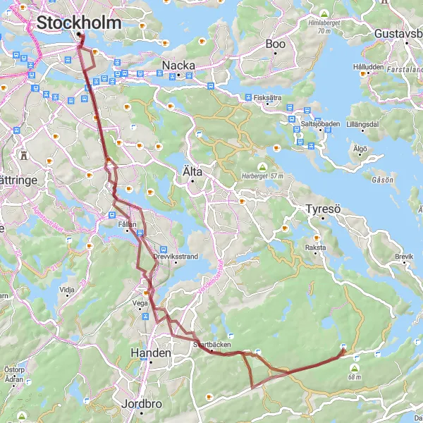 Map miniature of "Exploring Gravel Paths" cycling inspiration in Stockholm, Sweden. Generated by Tarmacs.app cycling route planner