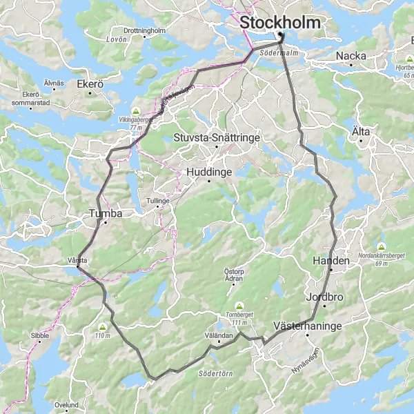 Map miniature of "The Challenging Tour" cycling inspiration in Stockholm, Sweden. Generated by Tarmacs.app cycling route planner