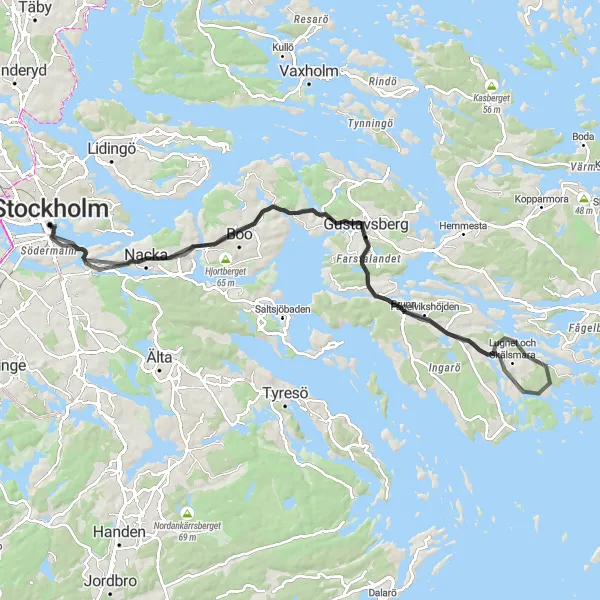 Kartminiatyr av "Södra Skärgården Loop" cykelinspiration i Stockholm, Sweden. Genererad av Tarmacs.app cykelruttplanerare