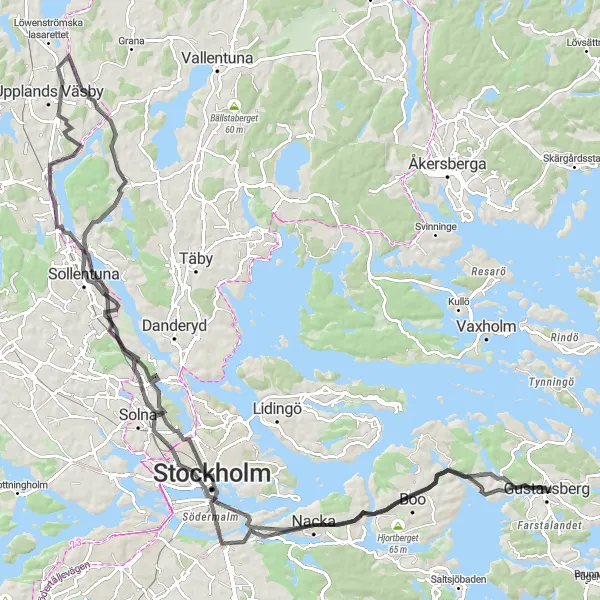 Map miniature of "Gustavsberg Adventure" cycling inspiration in Stockholm, Sweden. Generated by Tarmacs.app cycling route planner