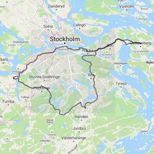 Kartminiatyr av "Vackra Vägar runt Gustavsberg" cykelinspiration i Stockholm, Sweden. Genererad av Tarmacs.app cykelruttplanerare