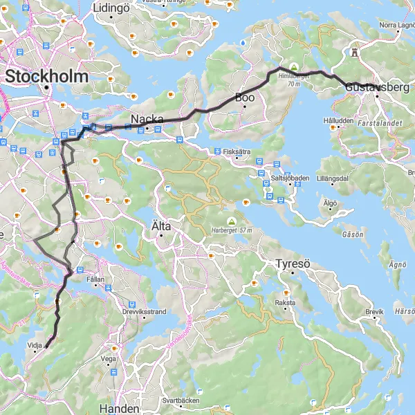 Map miniature of "Gustavsberg to Farsta" cycling inspiration in Stockholm, Sweden. Generated by Tarmacs.app cycling route planner