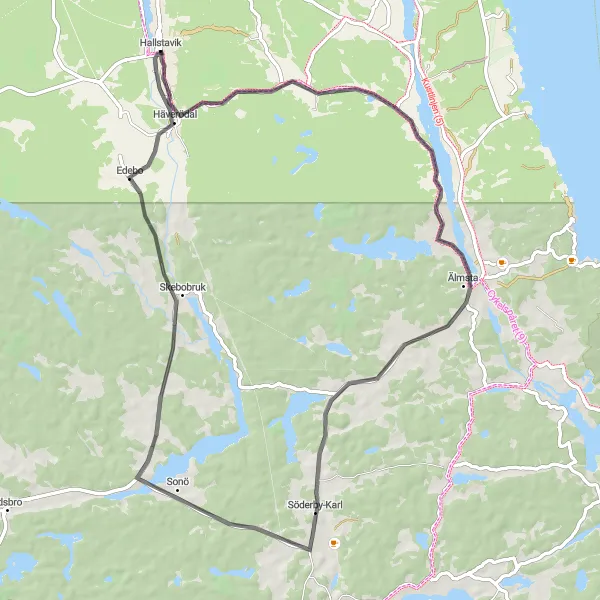 Map miniature of "Älmsta and Skebobruk Loop" cycling inspiration in Stockholm, Sweden. Generated by Tarmacs.app cycling route planner