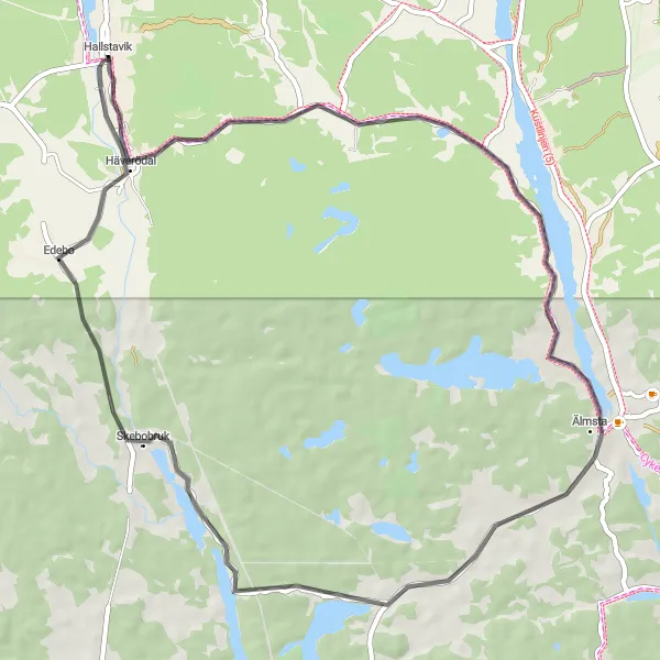 Map miniature of "Älmsta and Skebobruk Road Adventure" cycling inspiration in Stockholm, Sweden. Generated by Tarmacs.app cycling route planner