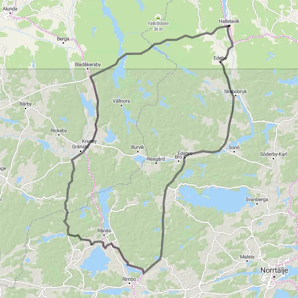 Map miniature of "Edebo and Gränsta Adventure" cycling inspiration in Stockholm, Sweden. Generated by Tarmacs.app cycling route planner