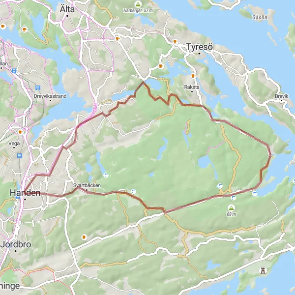 Map miniature of "Gravel Paradise: Handen to Vendelsö" cycling inspiration in Stockholm, Sweden. Generated by Tarmacs.app cycling route planner