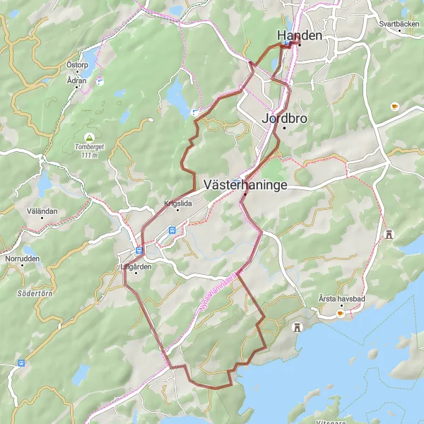 Map miniature of "Explore the Gravel Paths of Handen" cycling inspiration in Stockholm, Sweden. Generated by Tarmacs.app cycling route planner