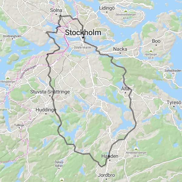 Map miniature of "City and Nature Fusion" cycling inspiration in Stockholm, Sweden. Generated by Tarmacs.app cycling route planner