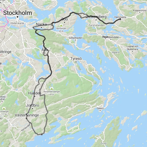 Map miniature of "Hemmesta to Gustavsberg Loop" cycling inspiration in Stockholm, Sweden. Generated by Tarmacs.app cycling route planner