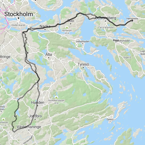 Kartminiatyr av "Hemmesta till Gustavsberg" cykelinspiration i Stockholm, Sweden. Genererad av Tarmacs.app cykelruttplanerare