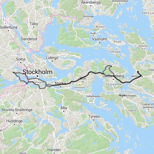 Map miniature of "The Stockholm Challenge" cycling inspiration in Stockholm, Sweden. Generated by Tarmacs.app cycling route planner