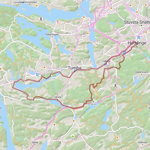 Kartminiatyr av "Tullinge Grusväg Loop" cykelinspiration i Stockholm, Sweden. Genererad av Tarmacs.app cykelruttplanerare