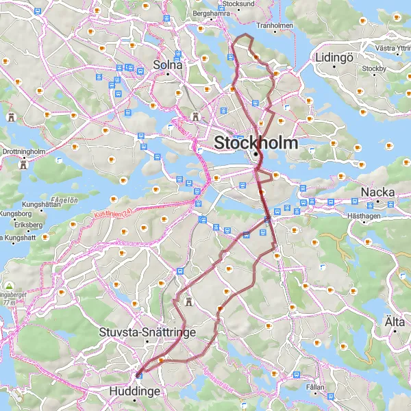 Kartminiatyr av "Grusvägar runt Stockholm" cykelinspiration i Stockholm, Sweden. Genererad av Tarmacs.app cykelruttplanerare