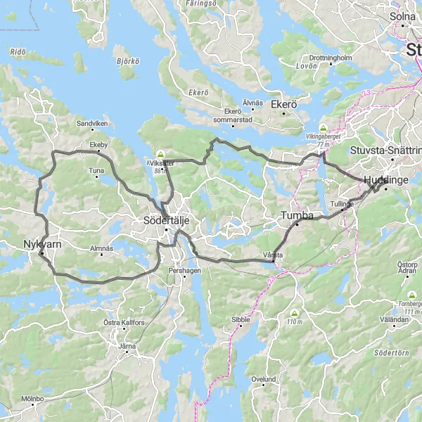 Map miniature of "Nykvarn and Ekeby Adventure" cycling inspiration in Stockholm, Sweden. Generated by Tarmacs.app cycling route planner