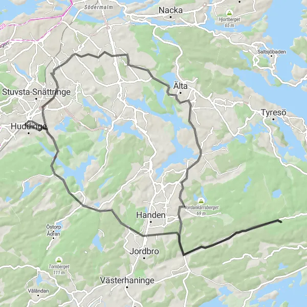 Kartminiatyr av "Runsten Challenge" cykelinspiration i Stockholm, Sweden. Genererad av Tarmacs.app cykelruttplanerare