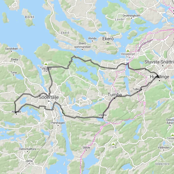 Map miniature of "Vårsta to Masmoberget" cycling inspiration in Stockholm, Sweden. Generated by Tarmacs.app cycling route planner