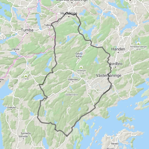 Kartminiatyr av "Västerhaninge Loop" cykelinspiration i Stockholm, Sweden. Genererad av Tarmacs.app cykelruttplanerare