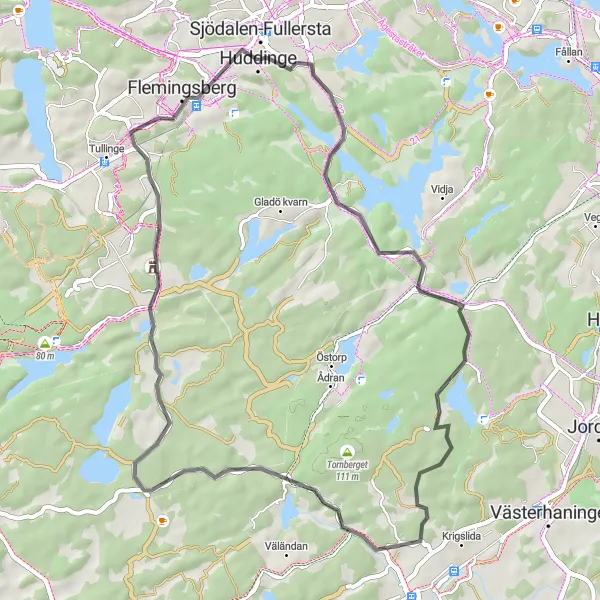 Kartminiatyr av "Sagolika cykeläventyr nära Huddinge" cykelinspiration i Stockholm, Sweden. Genererad av Tarmacs.app cykelruttplanerare