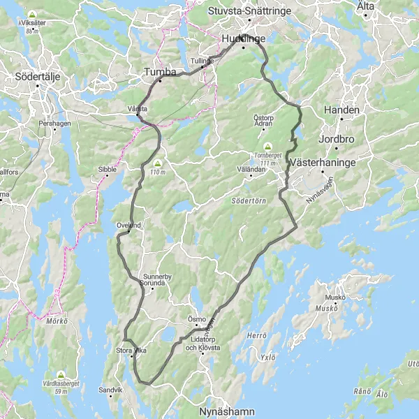 Map miniature of "Challenging Loop in Huddinge Alleviated by Scenic Stops" cycling inspiration in Stockholm, Sweden. Generated by Tarmacs.app cycling route planner