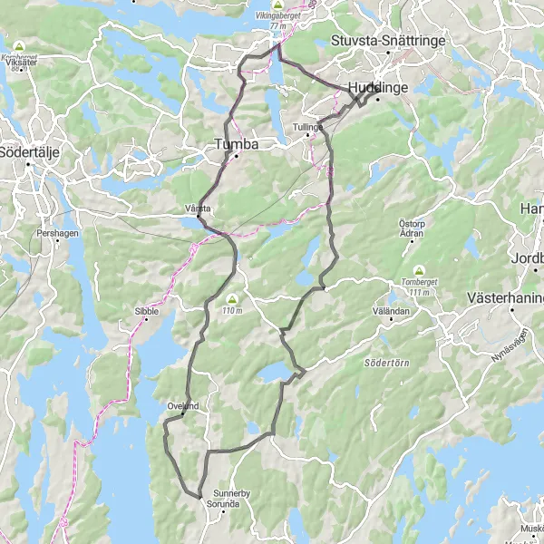Kartminiatyr av "Slingrande vägar kring Huddinge" cykelinspiration i Stockholm, Sweden. Genererad av Tarmacs.app cykelruttplanerare