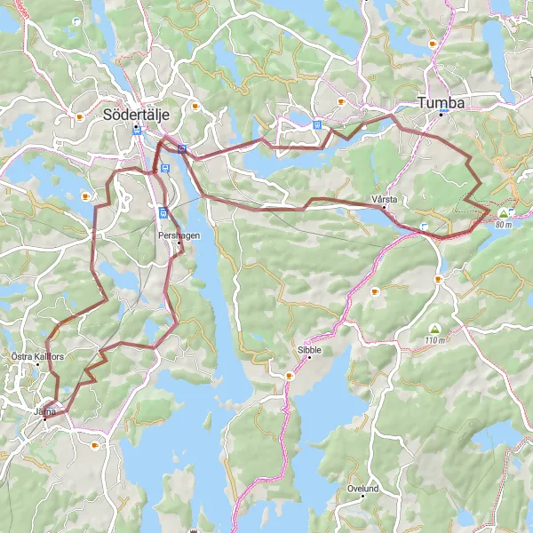 Map miniature of "Järna - Saltskog -Vårsta - Storvreten - Pershagen Loop" cycling inspiration in Stockholm, Sweden. Generated by Tarmacs.app cycling route planner