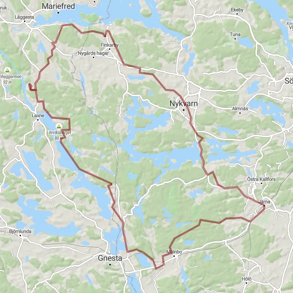 Map miniature of "Challenging Gravel Ride to Nykvarn" cycling inspiration in Stockholm, Sweden. Generated by Tarmacs.app cycling route planner