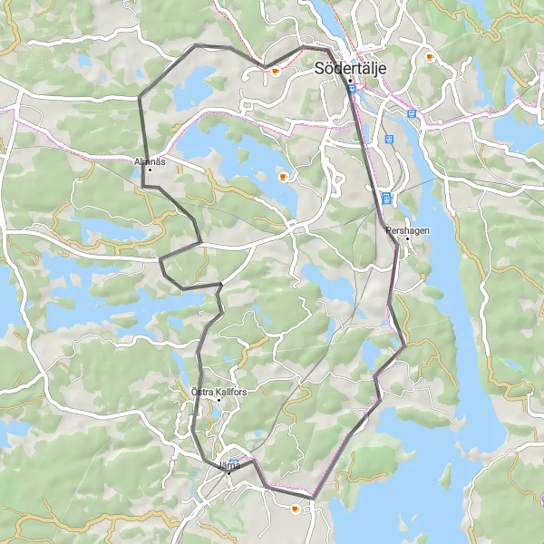 Map miniature of "Järna - Almnäs - Södertälje - Pershagen Loop" cycling inspiration in Stockholm, Sweden. Generated by Tarmacs.app cycling route planner