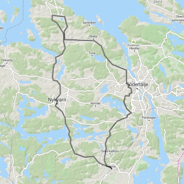 Map miniature of "Road Cycling to Torekällberget Open Air Museum" cycling inspiration in Stockholm, Sweden. Generated by Tarmacs.app cycling route planner