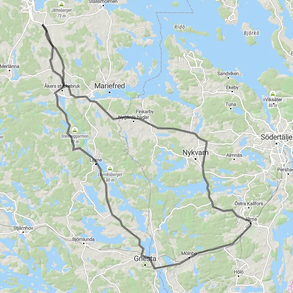 Map miniature of "Järna - Mölnbo - Gnesta - Heby Slott - Falkberget - Åkers styckebruk - Malmby - Bommersvik Loop" cycling inspiration in Stockholm, Sweden. Generated by Tarmacs.app cycling route planner