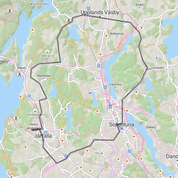 Map miniature of "Jakobsberg to Granholmstoppen Round-Trip" cycling inspiration in Stockholm, Sweden. Generated by Tarmacs.app cycling route planner