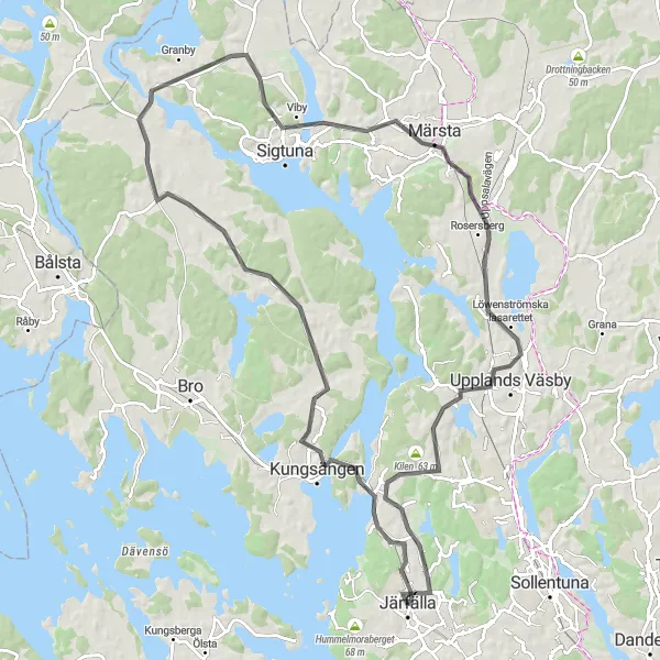 Map miniature of "Jakobsberg to Upplands Väsby Round-Trip" cycling inspiration in Stockholm, Sweden. Generated by Tarmacs.app cycling route planner