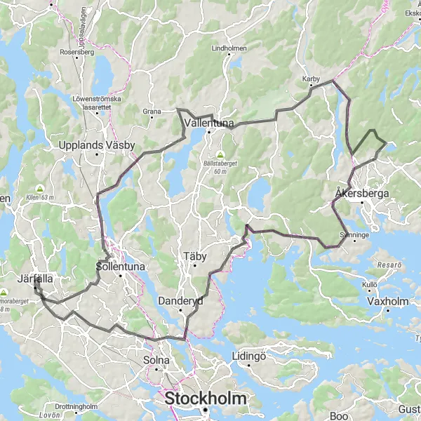 Map miniature of "Jakobsberg to Näsby Slott Round-Trip" cycling inspiration in Stockholm, Sweden. Generated by Tarmacs.app cycling route planner