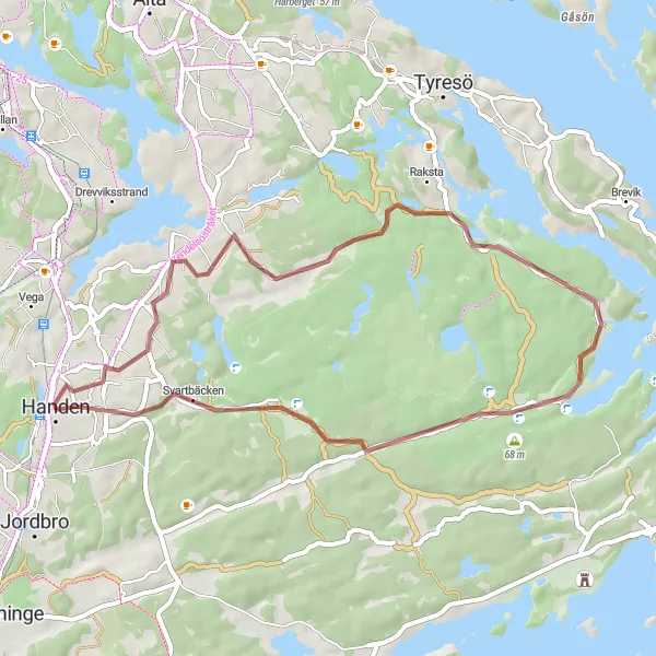 Map miniature of "Handen Scenic Route" cycling inspiration in Stockholm, Sweden. Generated by Tarmacs.app cycling route planner