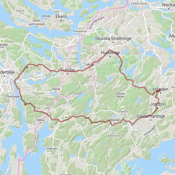 Kartminiatyr av "Lång grusväg genom historien" cykelinspiration i Stockholm, Sweden. Genererad av Tarmacs.app cykelruttplanerare