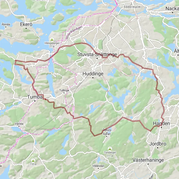 Kartminiatyr av "Långa grusvägen genom naturen" cykelinspiration i Stockholm, Sweden. Genererad av Tarmacs.app cykelruttplanerare