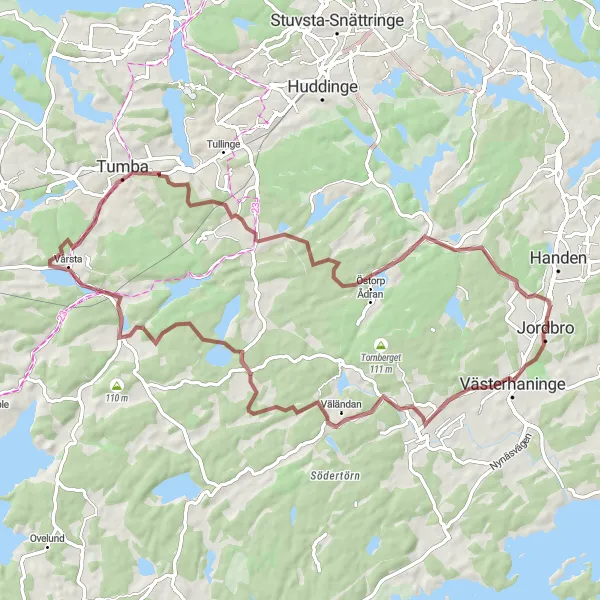 Kartminiatyr av "Grusvägar runt Jordbro" cykelinspiration i Stockholm, Sweden. Genererad av Tarmacs.app cykelruttplanerare