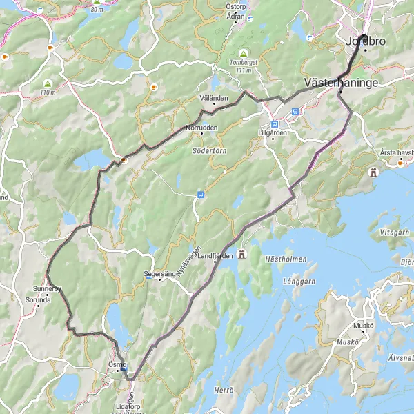 Kartminiatyr av "Västerhaninge och omnejd" cykelinspiration i Stockholm, Sweden. Genererad av Tarmacs.app cykelruttplanerare