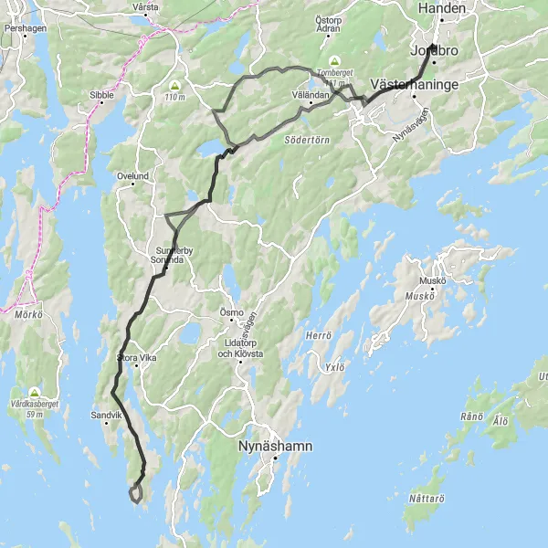 Kartminiatyr av "Skogs Ekeby till Västerhaninge" cykelinspiration i Stockholm, Sweden. Genererad av Tarmacs.app cykelruttplanerare