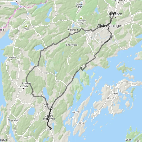 Kartminiatyr av "Vackert Jordbro och omnejd" cykelinspiration i Stockholm, Sweden. Genererad av Tarmacs.app cykelruttplanerare