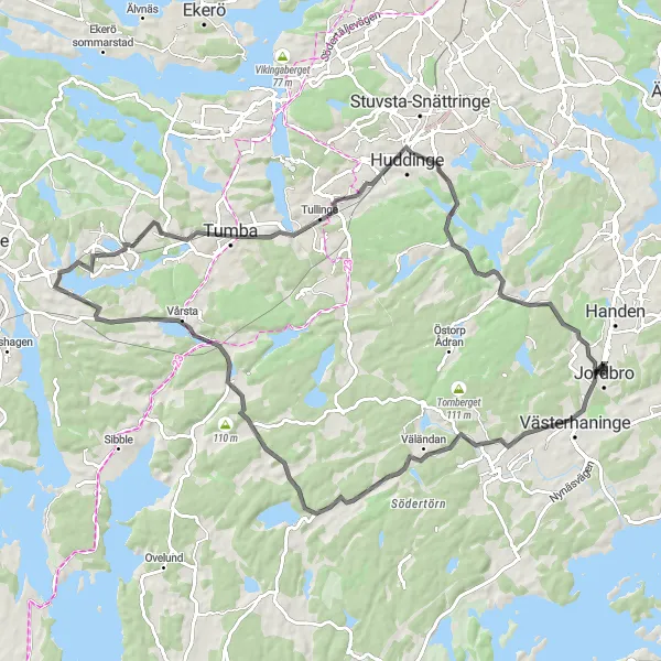 Kartminiatyr av "Jordbro till Trylens vindskydd" cykelinspiration i Stockholm, Sweden. Genererad av Tarmacs.app cykelruttplanerare