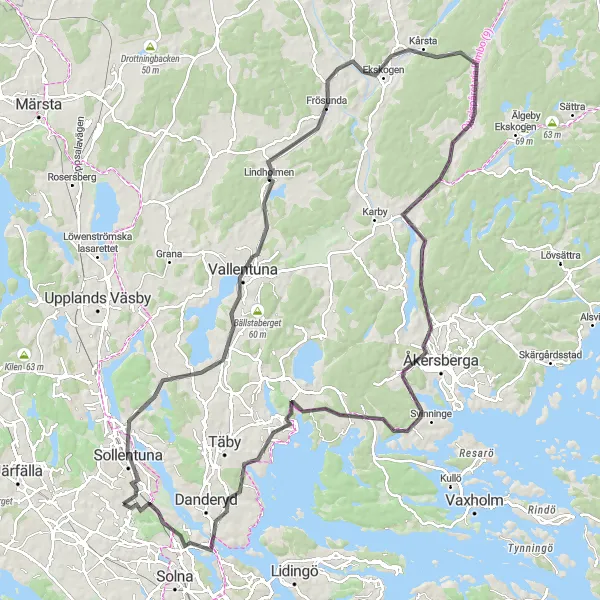 Map miniature of "Sollentuna to Näsby slott Loop" cycling inspiration in Stockholm, Sweden. Generated by Tarmacs.app cycling route planner